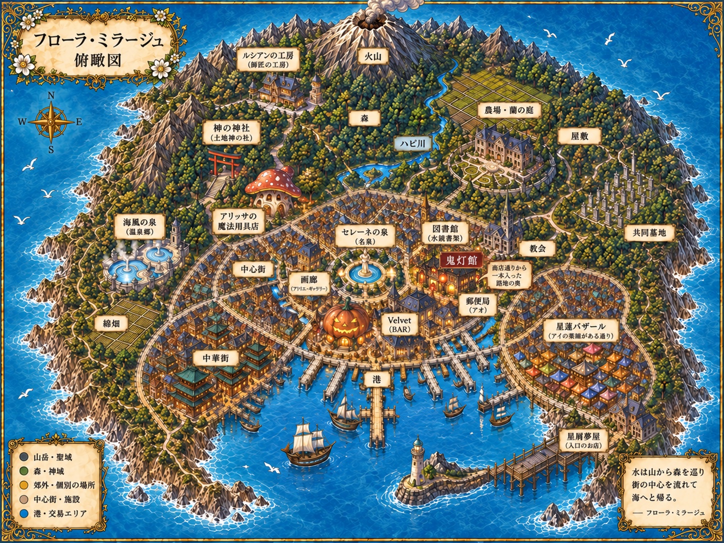 鬼灯館と南瓜灯亭を含むフローラ・ミラージュの正式俯瞰図。鬼灯館はセレーネの泉の東、商店通りから一本入った路地奥にあります。